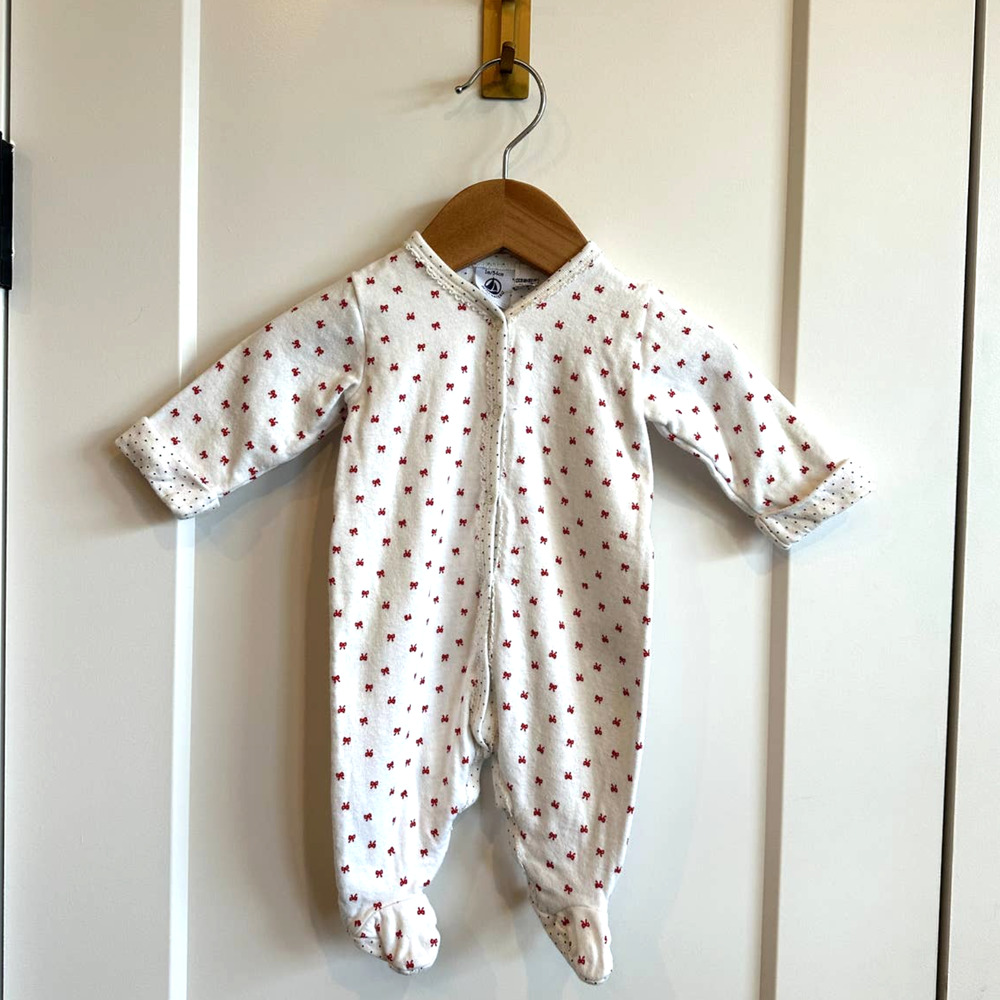 Petit Bateau French Baby Pajamas with Red Bow Print - 0-3 Months